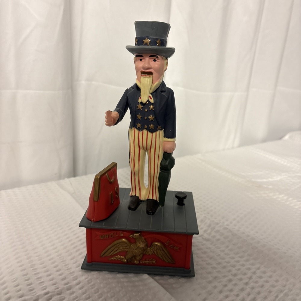 Vintage J.S.N.Y. Classic Uncle Sam Figure Mechanical Coin Bank 8.8 Inch